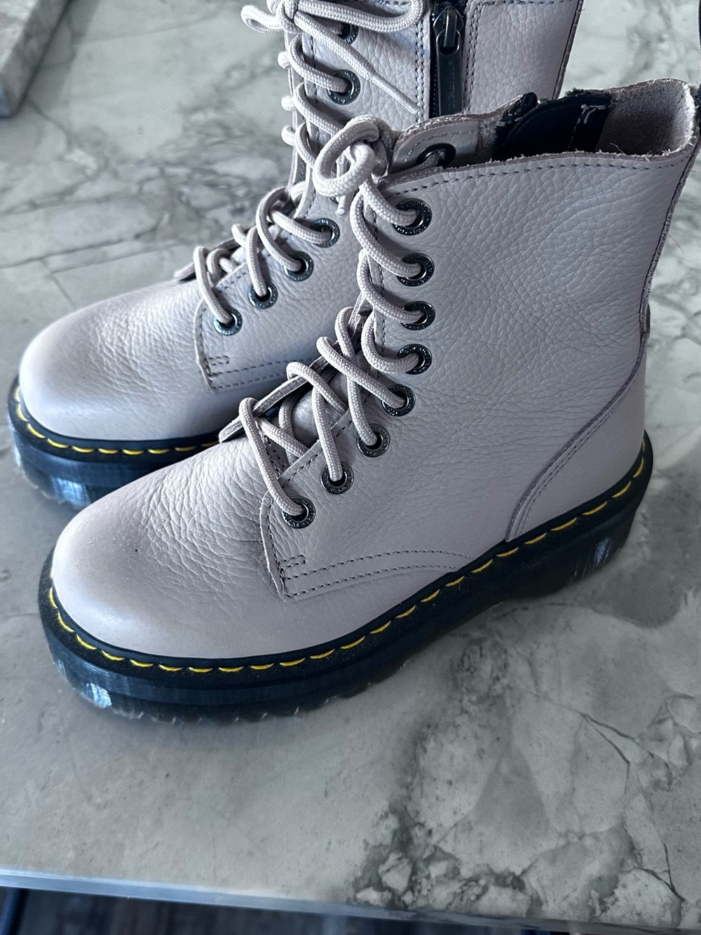 Dr. Martens Women's Lace-Up Combat Boots in Light Gray with Yellow Stitching